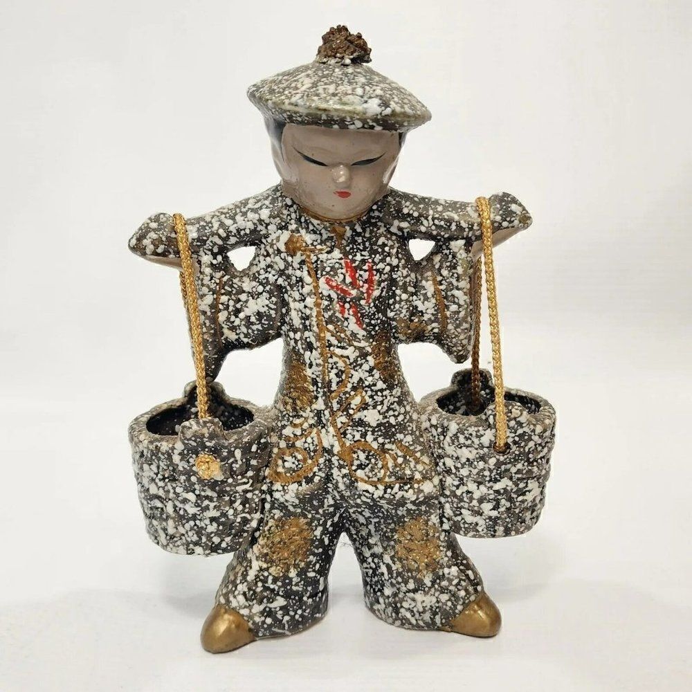 Vintage 1950’s Hand Painted Tilso Ceramic Asian Water Boy With Buckets